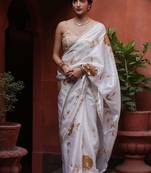 white rangoli silk blend embroidered saree with blouse