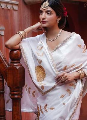 white rangoli silk blend embroidered saree with blouse 2