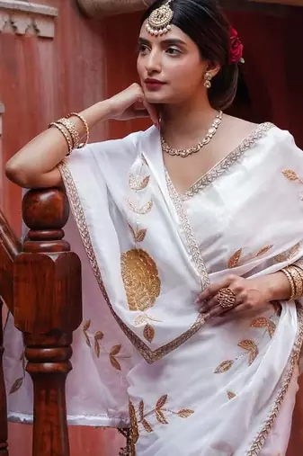 white rangoli silk blend embroidered saree with blouse