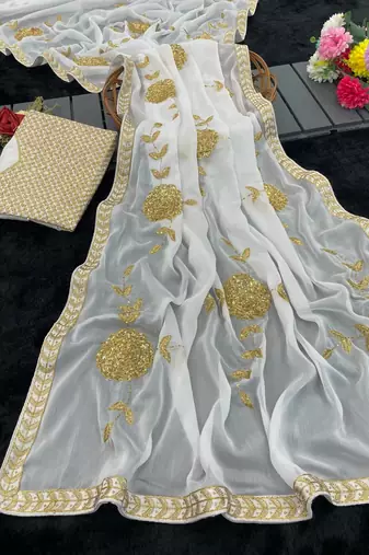 white rangoli silk blend embroidered saree with blouse