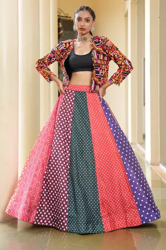 multicolor Festive Special Silk Crepe Lehenga with koti