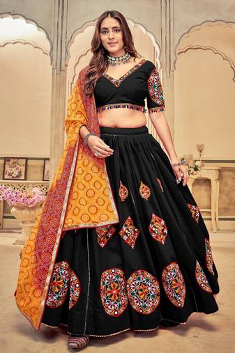 Black Cotton Silk Designer Navratri Lehenga choli