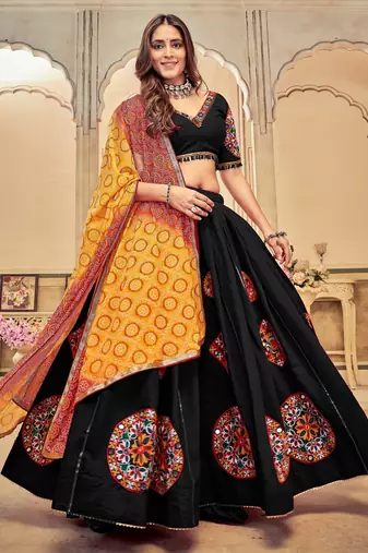 Black Cotton Silk Navratri Lehenga choli
