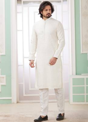 men's off white  straight kurta churidar with embroidered art silk   and with lining 1