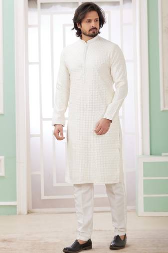 Men's off white  straight kurta with embroidered art silk  and with lining