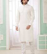 Men's off white  straight kurta with embroidered art silk   and with lining