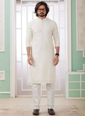 men's off white  straight kurta churidar with embroidered art silk   and with lining 2