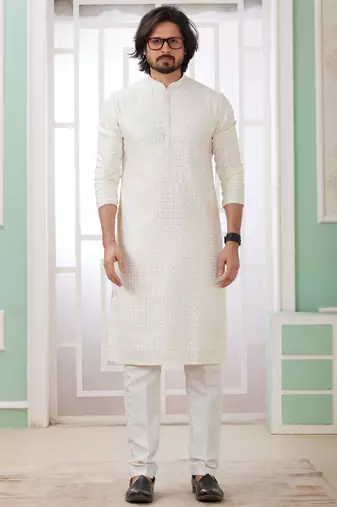 men's off white  straight kurta churidar with embroidered art silk   and with lining