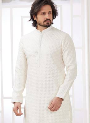 men's off white  straight kurta churidar with embroidered art silk   and with lining 3