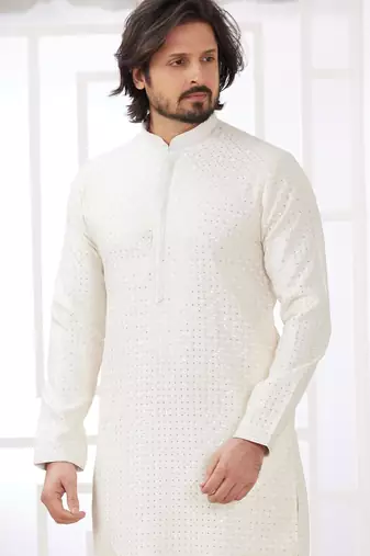 men's off white  straight kurta churidar with embroidered art silk   and with lining