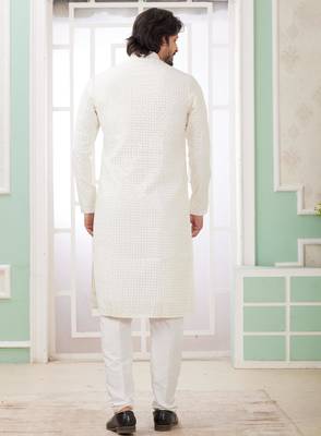 men's off white  straight kurta churidar with embroidered art silk   and with lining 4