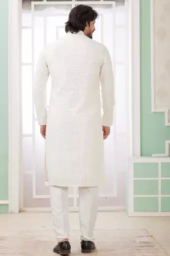 men's off white  straight kurta churidar with embroidered art silk   and with lining