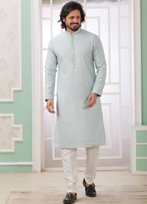 men's mint green  straight kurta churidar with embroidered art silk   and with lining 1