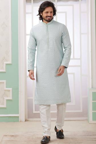 Men's mint green  straight kurta with embroidered art silk  and with lining