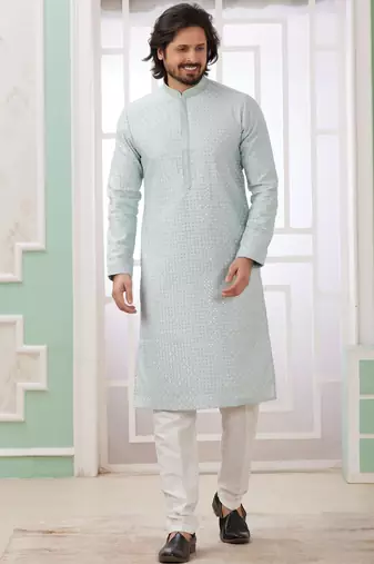 Men's mint green  straight kurta with embroidered art silk  and with lining
