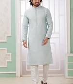 Men's mint green  straight kurta with embroidered art silk   and with lining