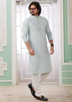 men's mint green  straight kurta churidar with embroidered art silk   and with lining 2
