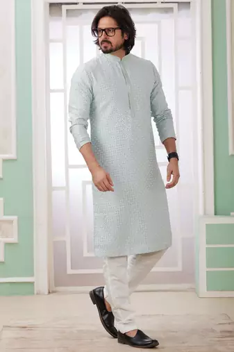 men's mint green  straight kurta churidar with embroidered art silk   and with lining