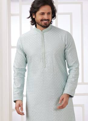men's mint green  straight kurta churidar with embroidered art silk   and with lining 3