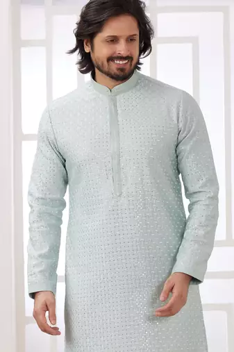 men's mint green  straight kurta churidar with embroidered art silk   and with lining