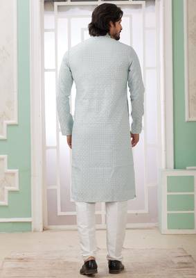 men's mint green  straight kurta churidar with embroidered art silk   and with lining 4