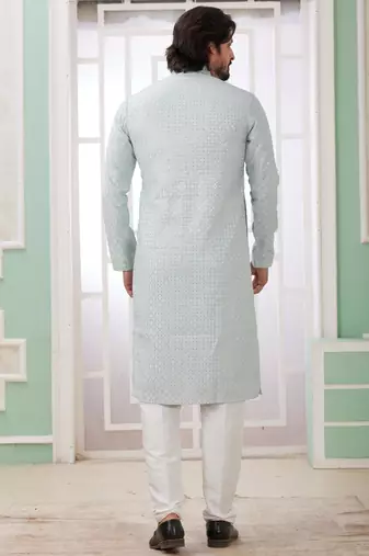 men's mint green  straight kurta churidar with embroidered art silk   and with lining