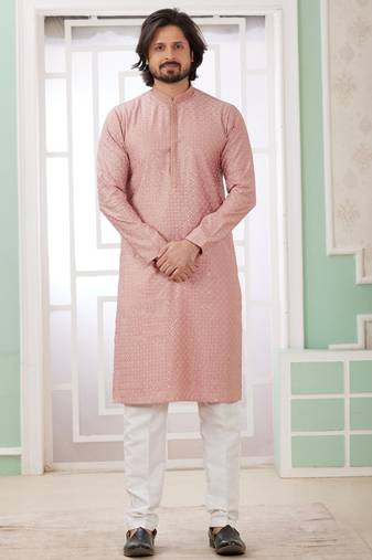 Men's peach  straight kurta with embroidered art silk  and with lining