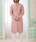 Men's peach  straight kurta with embroidered art silk   and with lining