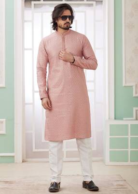 men's peach  straight kurta churidar with embroidered art silk   and with lining 2