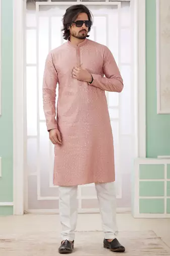 men's peach  straight kurta churidar with embroidered art silk   and with lining