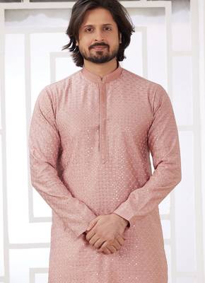 men's peach  straight kurta churidar with embroidered art silk   and with lining 3