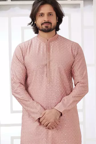 men's peach  straight kurta churidar with embroidered art silk   and with lining