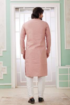 men's peach  straight kurta churidar with embroidered art silk   and with lining 4