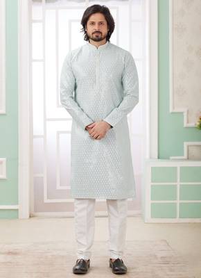 men's mint green  straight kurta churidar with embroidered art silk   and with lining 1
