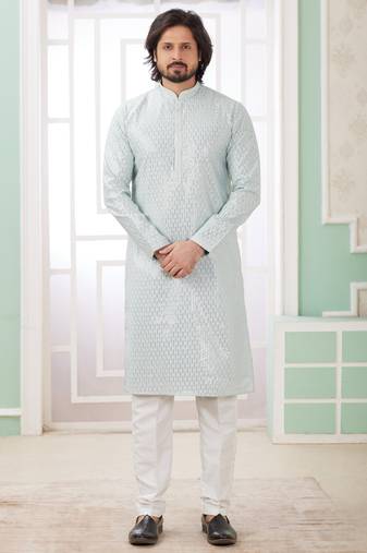 Men's mint green  straight kurta with embroidered art silk  and with lining