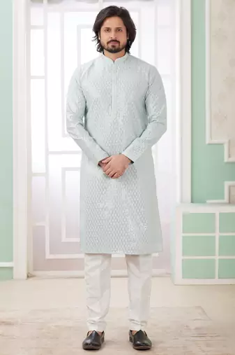 Men's mint green  straight kurta with embroidered art silk  and with lining