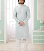 Men's mint green  straight kurta with embroidered art silk   and with lining