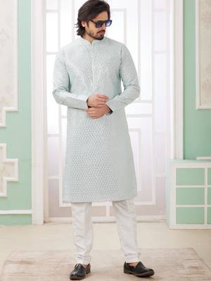 men's mint green  straight kurta churidar with embroidered art silk   and with lining 2