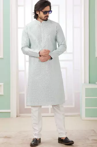 men's mint green  straight kurta churidar with embroidered art silk   and with lining