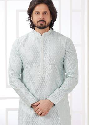 men's mint green  straight kurta churidar with embroidered art silk   and with lining 3