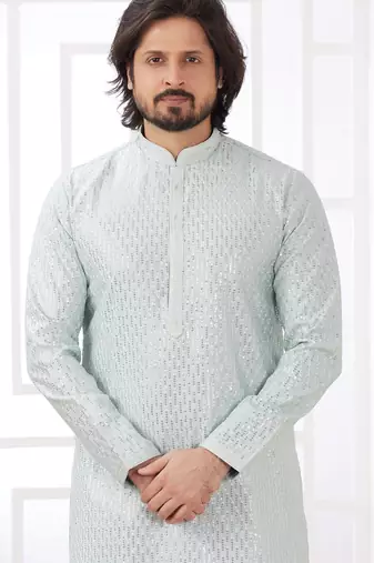 men's mint green  straight kurta churidar with embroidered art silk   and with lining