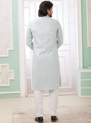 men's mint green  straight kurta churidar with embroidered art silk   and with lining 4