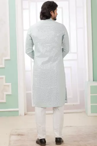 men's mint green  straight kurta churidar with embroidered art silk   and with lining