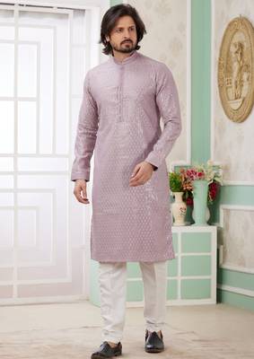 men's purple  straight kurta churidar with embroidered art silk   and with lining 1