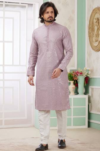 Men's purple  straight kurta with embroidered art silk  and with lining