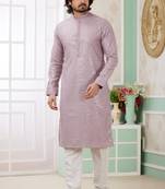 Men's purple  straight kurta with embroidered art silk   and with lining
