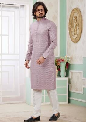 men's purple  straight kurta churidar with embroidered art silk   and with lining 2