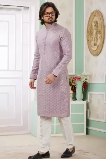 men's purple  straight kurta churidar with embroidered art silk   and with lining
