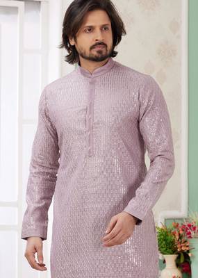 men's purple  straight kurta churidar with embroidered art silk   and with lining 3