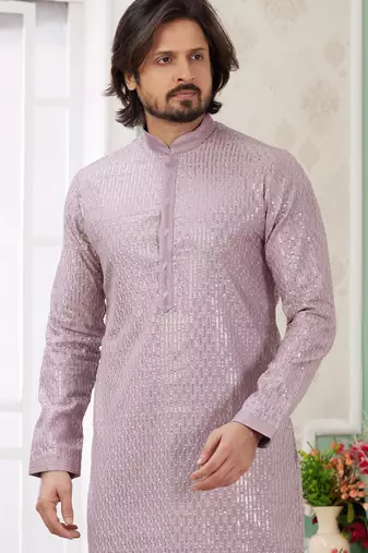 men's purple  straight kurta churidar with embroidered art silk   and with lining